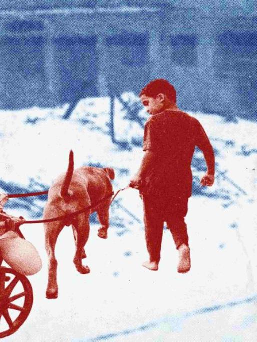 Ein Junge und ein Hund ziehen einen Bollerwagen mit ihrem Hab und Gut durch den Schnee.