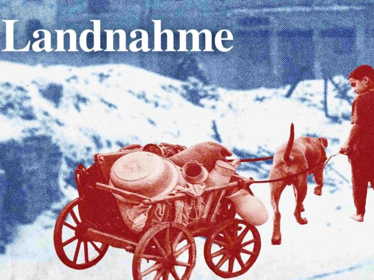 Ein Junge und ein Hund ziehen einen Bollerwagen mit ihrem Hab und Gut durch den Schnee. Ein Junge und ein Hund ziehen einen Bollerwagen mit ihrem Hab und Gut durch den Schnee.