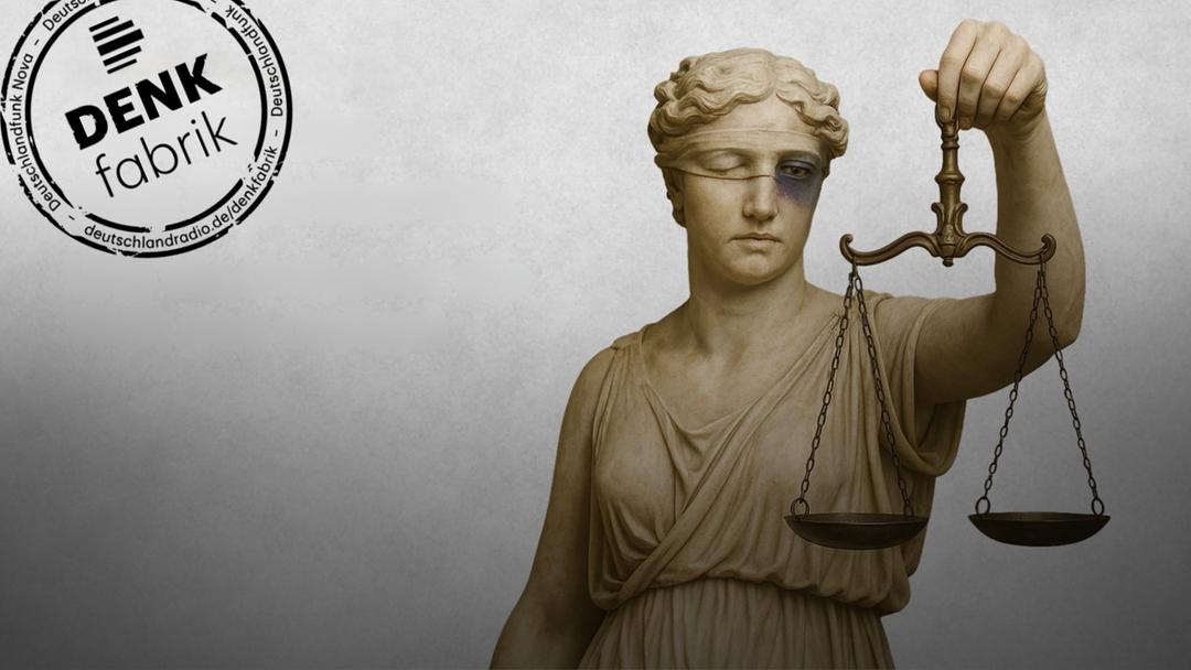 Eine Justizia hält eine Waage, rechts daneben steht: Das Recht der Stärkeren, wie Machthaber die Welt neu ordnen.
