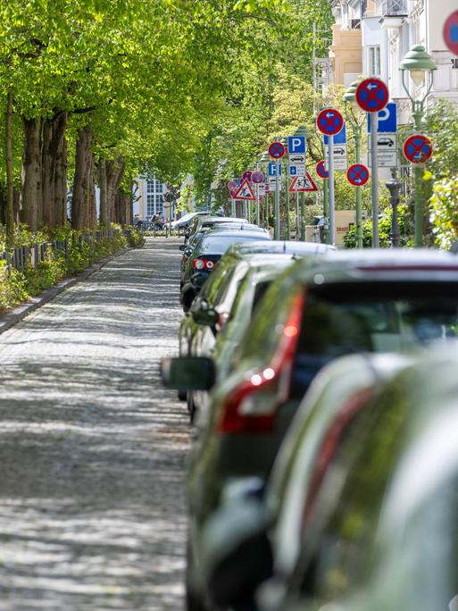 Schilderwald auf der Poppelsdorfer Allee in Bonn. Am Straßenrand parkt ein Auto nach dem anderen. Halteverbotsschilder sollen die Parkplätze für die Autos der Anwohnenden reservieren. 