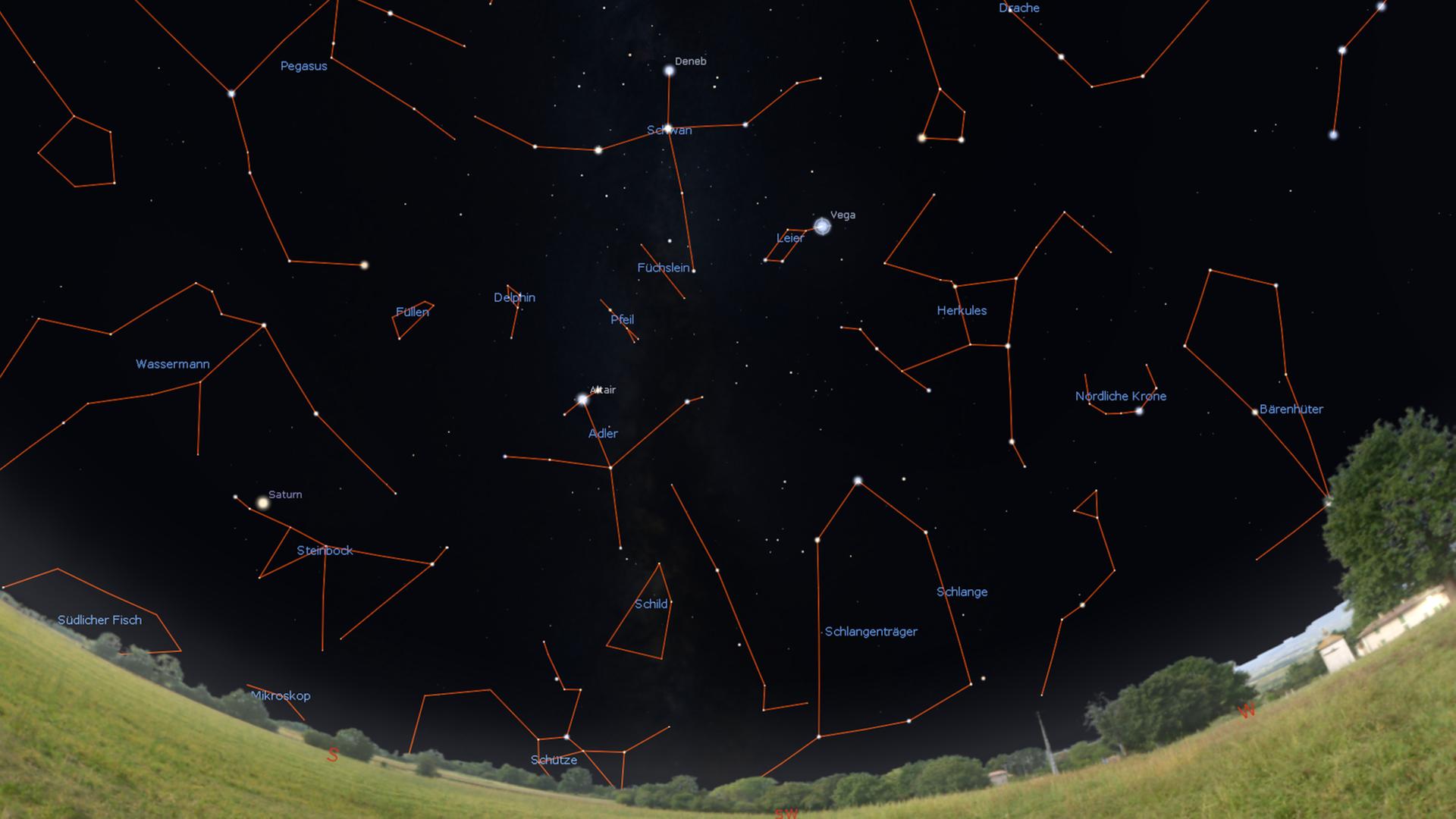 Keine Invasion zu erwarten, dafür ein sehr markanter Stern: die Wega gegen Mitternacht hoch im Südwesten (Stellarium) 