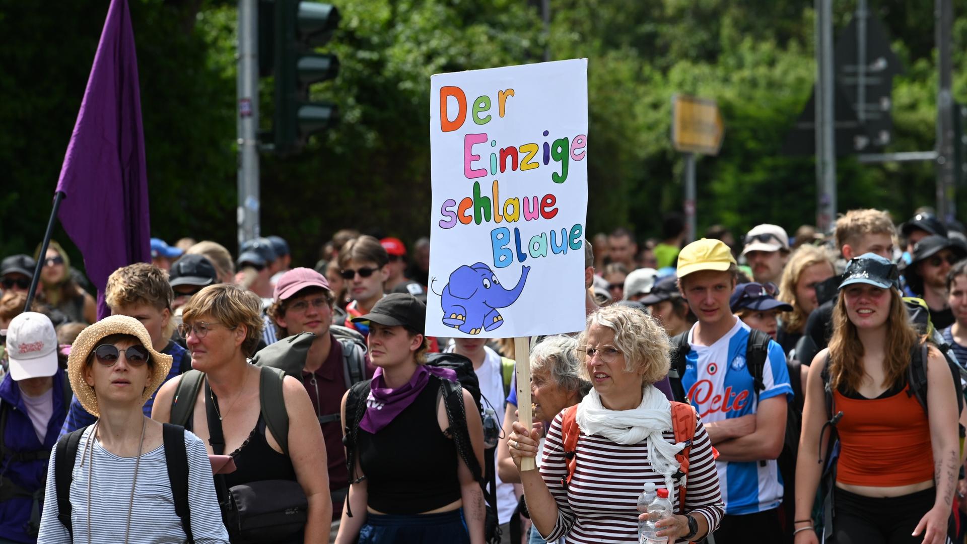 Eine Demonstrantin trägt ein Schild mit der Aufschrift "Der Einzige schlaue Blaue" - zu sehen ist der Elefant aus der Sendung mit der Maus.