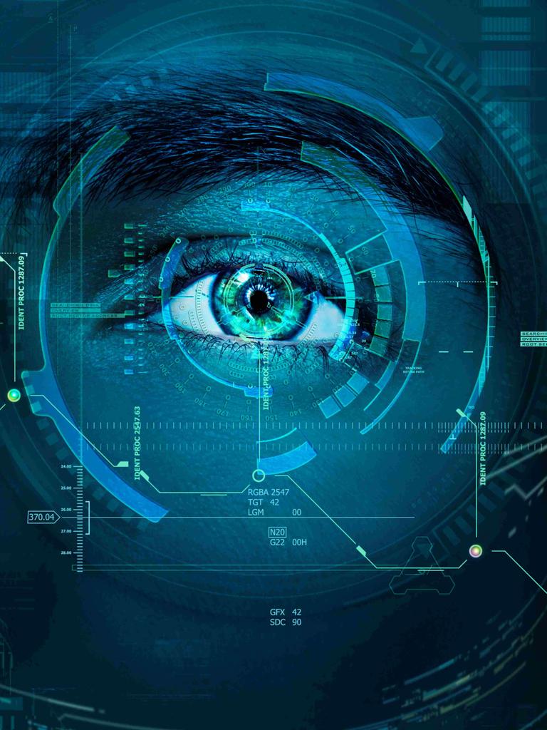 Ein menschliches Auge, umgeben von digitalen Datenüberlagerungen einer biometrischen Erfassung.
