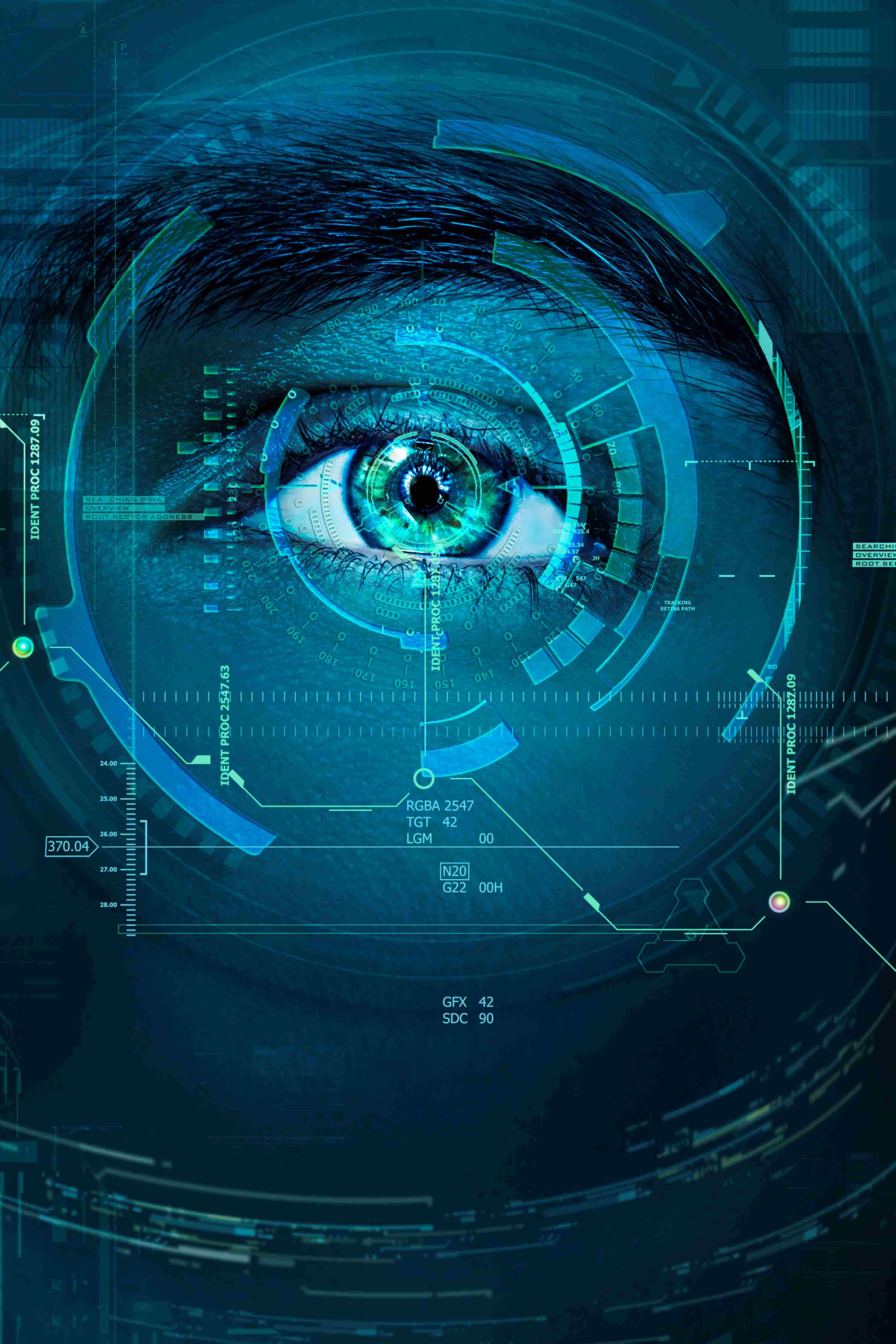 Ein menschliches Auge, umgeben von digitalen Datenüberlagerungen einer biometrischen Erfassung.