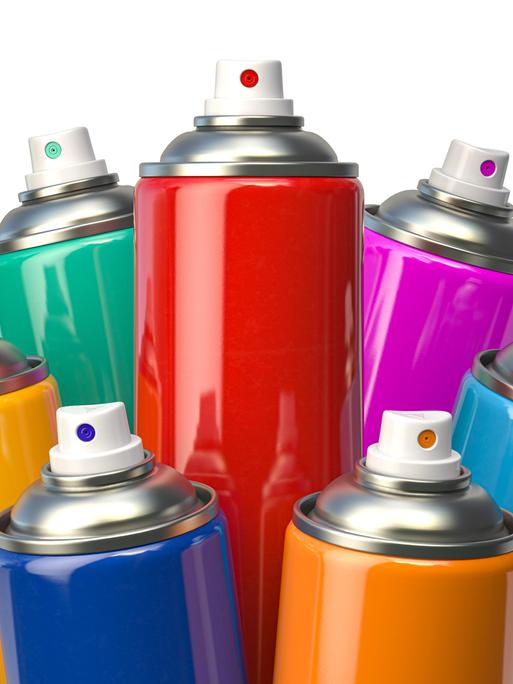 Illustration von sieben Graffiti-Dosen in bunten Farben.