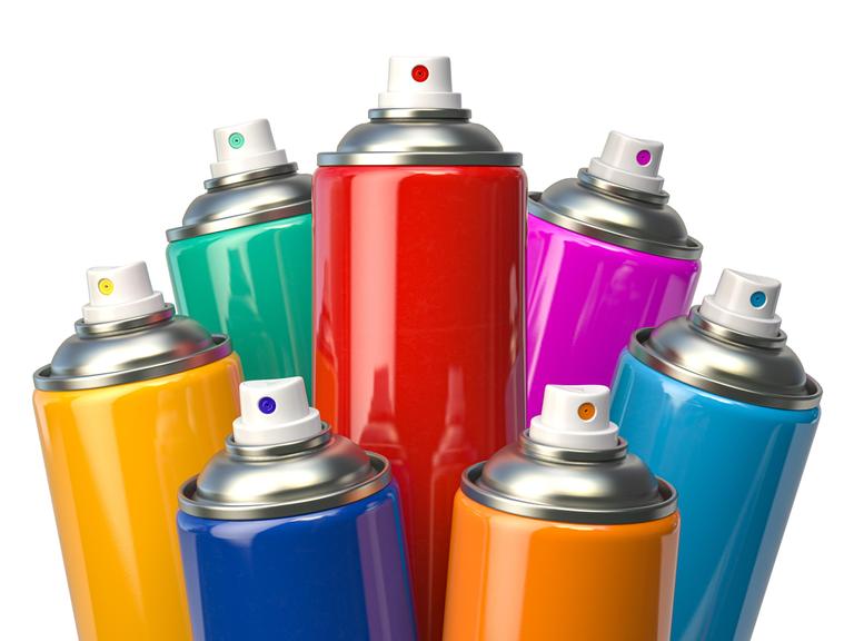 Illustration von sieben Graffiti-Dosen in bunten Farben.