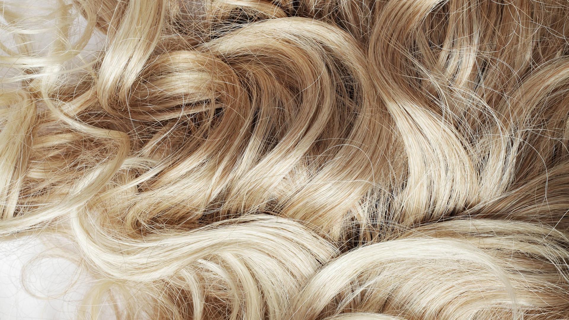 Ein Detailfoto von blonden, gelocktem Haar. Es scheint auf einem Tisch oder einem anderen weißen Untergrund zu liegen. Ein Detailfoto von blonden, gelocktem Haar. Es scheint auf einem Tisch oder einem anderen weißen Untergrund zu liegen.