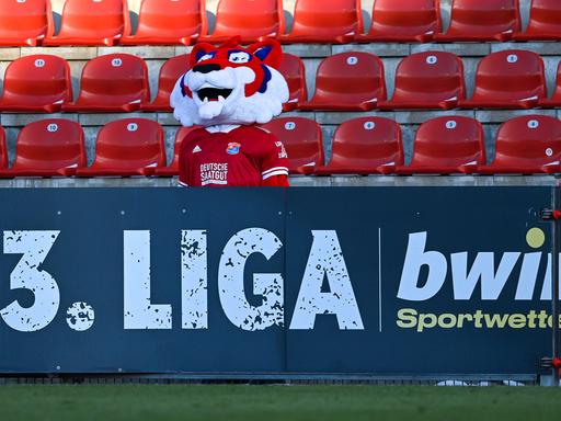 Das Hachinger Maskottchen "FONSI" steht vor der Werbebande "3. LIGA bwin Sportwetten"