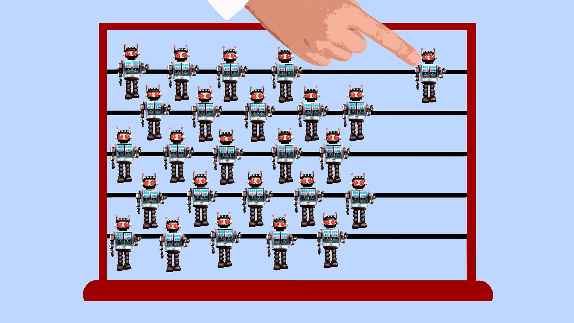 Eine Illustration zeigt eine Hand, die ein Element eines Abakus bewegt. Die Elemente sind kleine Roboter.