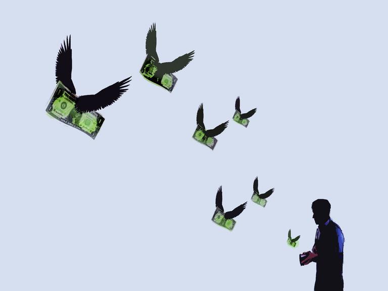 Illustration: Geldscheine mit Flügeln fliegen aus dem geöffneten Portmonnaie eines Mannes.