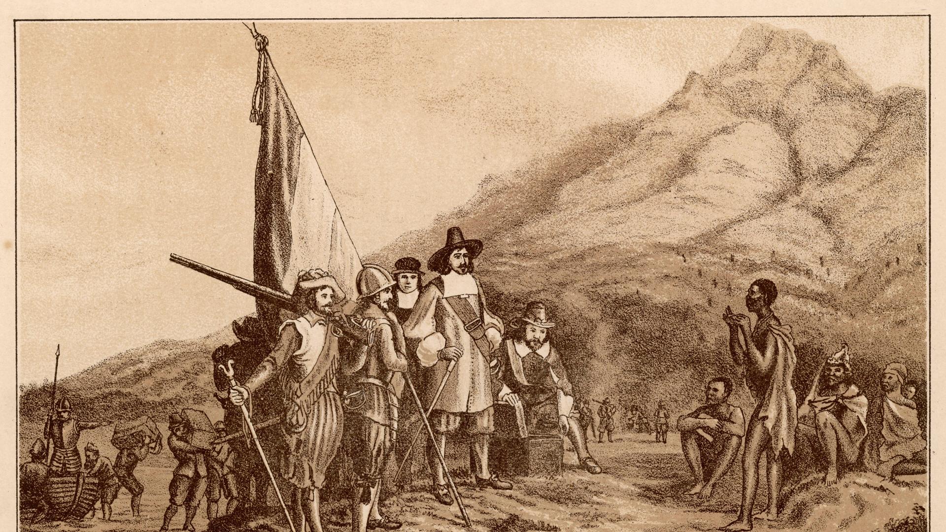 Landung Jan van Riebeecks am Kap, historisierende Darstellung von Charles Davidson Bell um 1850 