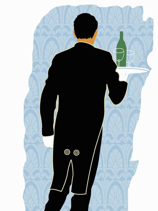 Illustration: Ein Kellner trägt ein Tablett mit Wein und Gläsern.