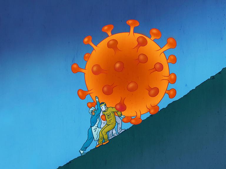 Illustration von  Beschäftigten im Gesundheitswesen, die darum kämpfen ein überdimensionales Coronavirus bergauf zu schieben.
