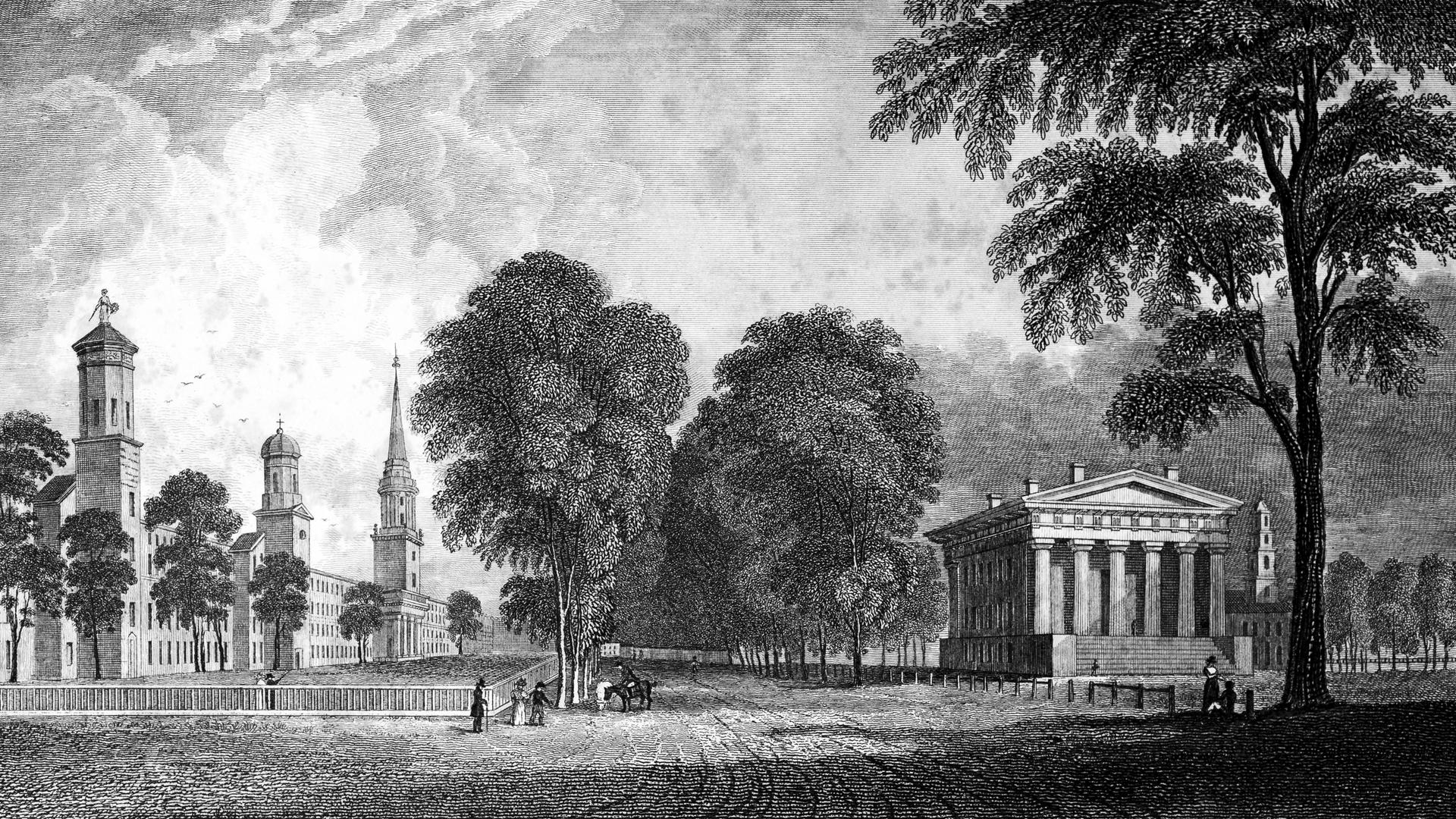 Illustration mit dem Yale College von 1701. Es zeigt Gebäude inmitten einer Parlandschaft. Illustration mit dem Yale College von 1701. Es zeigt Gebäude inmitten einer Parlandschaft.
