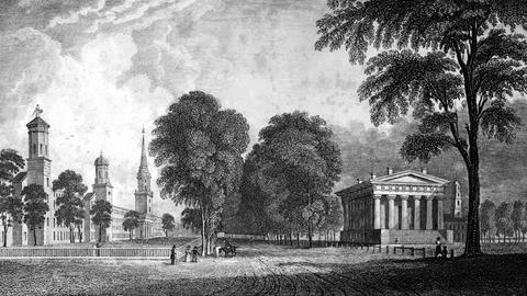 Illustration mit dem Yale College von 1701. Es zeigt Gebäude inmitten einer Parlandschaft. 