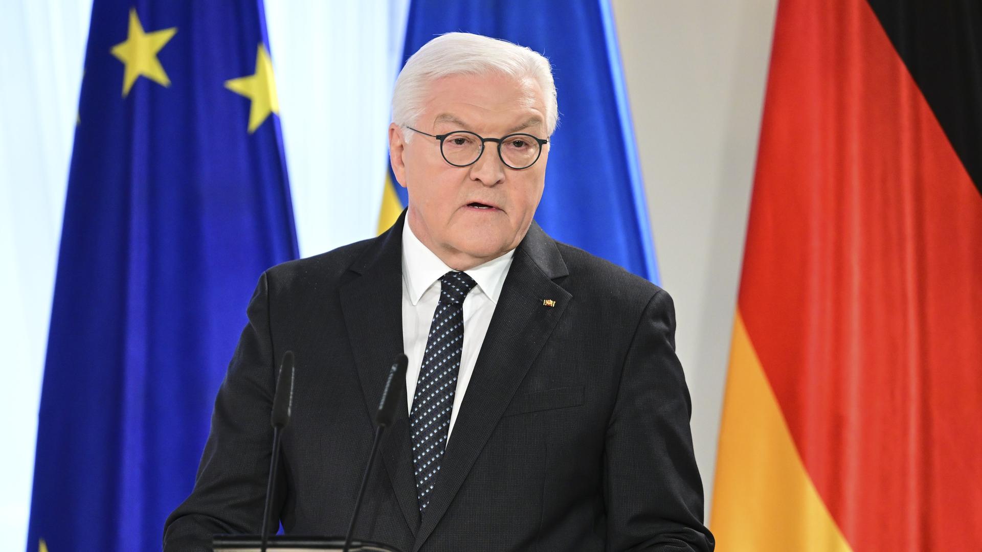 Frank-Walter Steinmeier am Rednerpult vor einer EU-, einer ukrainischen und einer deutschen Flagge.