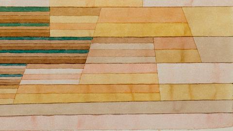 Ausschnitt aus dem Bild "Monument an der Grenze des Fruchtlandes" von Paul Klee, bei dem der Künstler hauptsächlich mit okkerfarbenen Streifen gearbeitet hat.