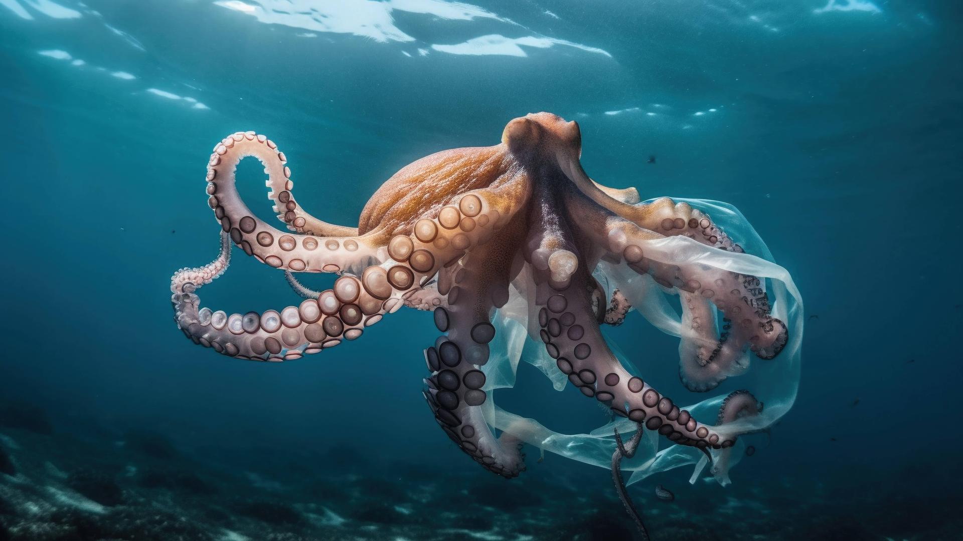 Ein Oktopus im Meer. Er ist umgeben von Müll.