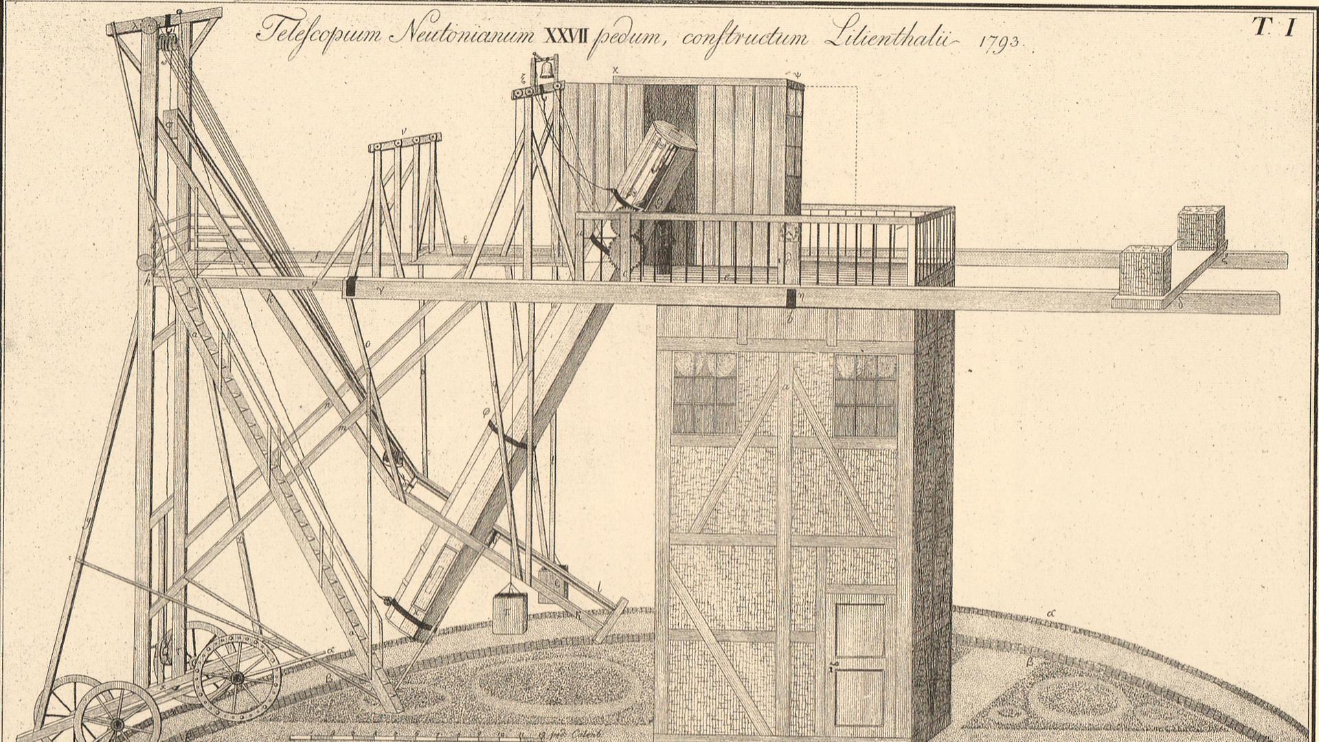 Eine Zeichnung des Ende des 18. Jahrhunderts zweitgrößten Spiegelteleskops der Welt in Lilienthal bei Bremen: fast 8 Meter Brennweite und 50 Zentimeter Öffnung.