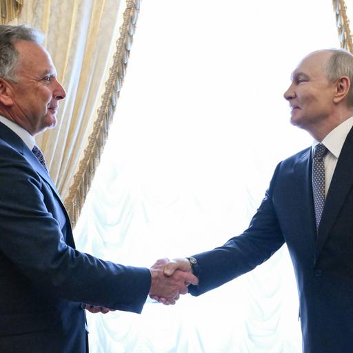 Der russische Präsident Wladimir Putin begrüßt den Sondergesandten von US-Präsident Donald Trump, Steve Witkoff, vor einem Treffen im Konstantin-Palast in Strelna, einem Vorort von St. Petersburg (Russland). 
