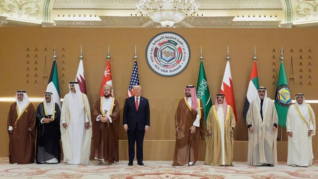 Präsident Donald Trump (5.vl) kommt beim Gruppenfoto mit dem saudischen Kronprinzen Mohammed bin Salman (4.vr) während des GCC-Gipfels zusammen. 