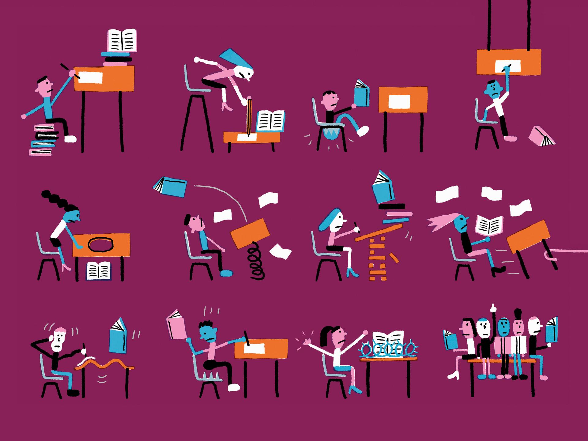 Illustration: Kinder in einem Klassenzimmer, in dem es drunter und drüber geht.