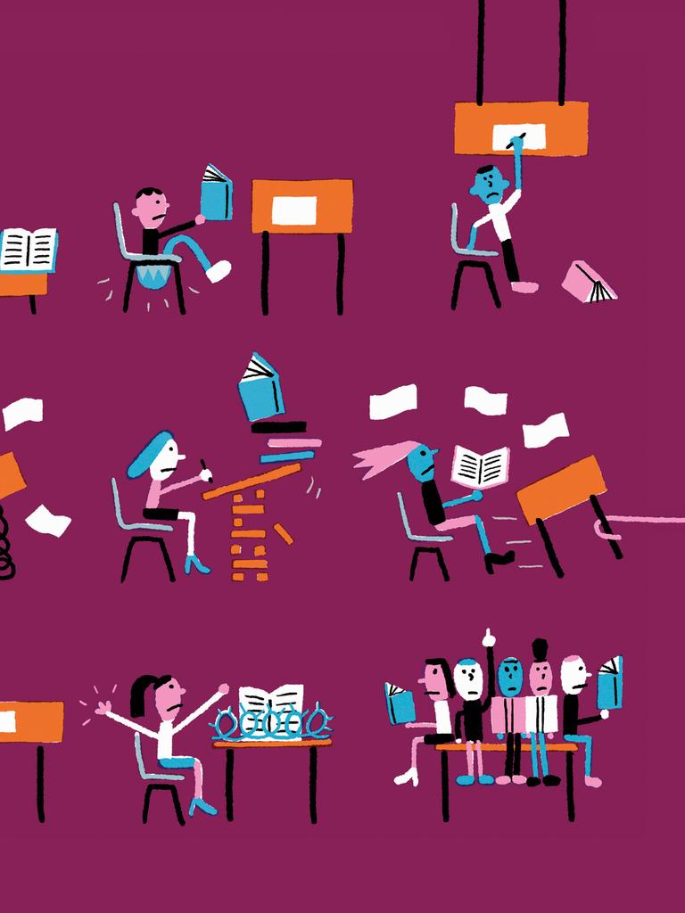 Illustration: Kinder in einem Klassenzimmer, in dem es drunter und drüber geht.