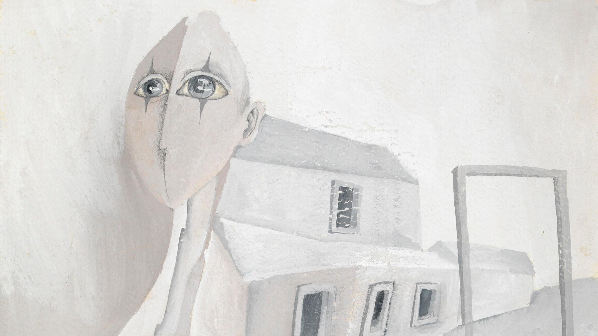 Auf dem surreal wirkenden Gemälde ist der Kopf eines glatzköpfigen weiblichen Harlekins zu sehen, der eine Häuserfront anführt.