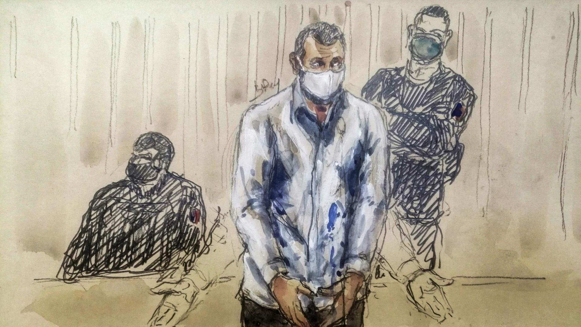 Eine Zeichnung zeigt den Haupt-Angeklagten Salah Abdeslam (in der Mitte) im Gericht. 