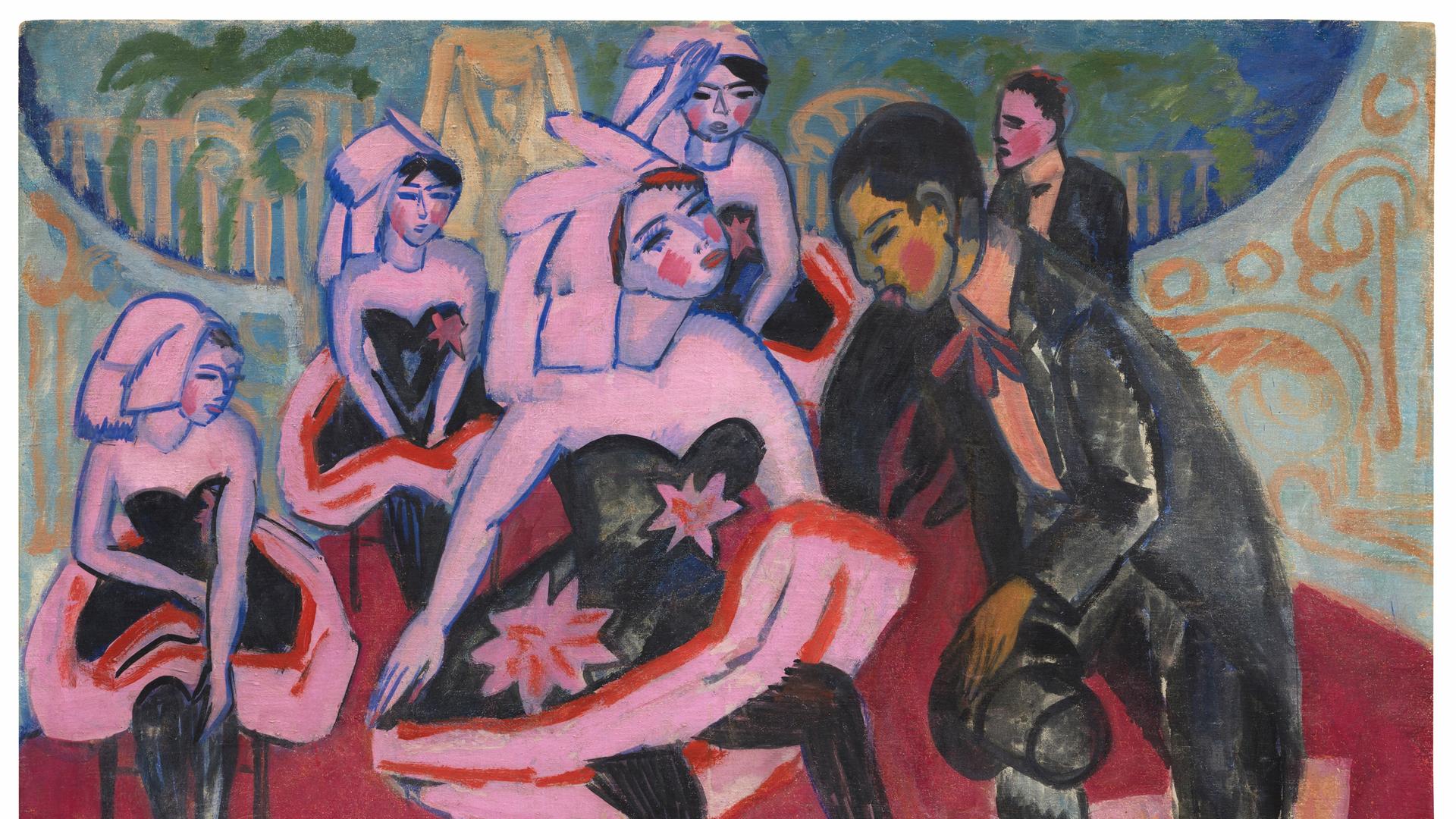 Kirchner-Gemälde "Tanz im Varieté". Das Gemäle zeigt eine Frau im kurzen Kleid, die mit einem Mann im Frack tanzt. Im Hintergrund sind ähnlich gekleidete Frauen zu sehen. Das Bild ist im expressionistischen Stil in bunten Farben gemalt. 