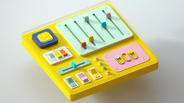 Abstrakte Darstellung eines Schaltpultes in Pastellfarben mit verschiedenen Schaltern, Knöpfen und Reglern.