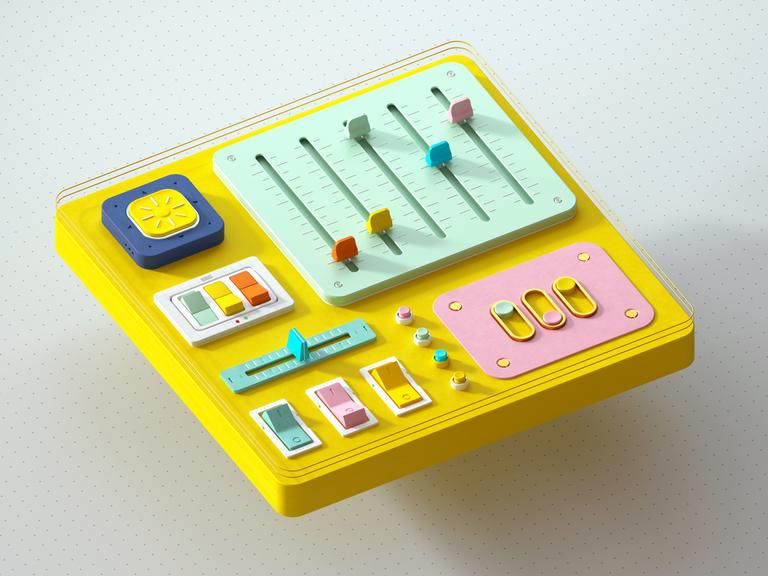 Abstrakte Darstellung eines Schaltpultes in Pastellfarben mit verschiedenen Schaltern, Knöpfen und Reglern.