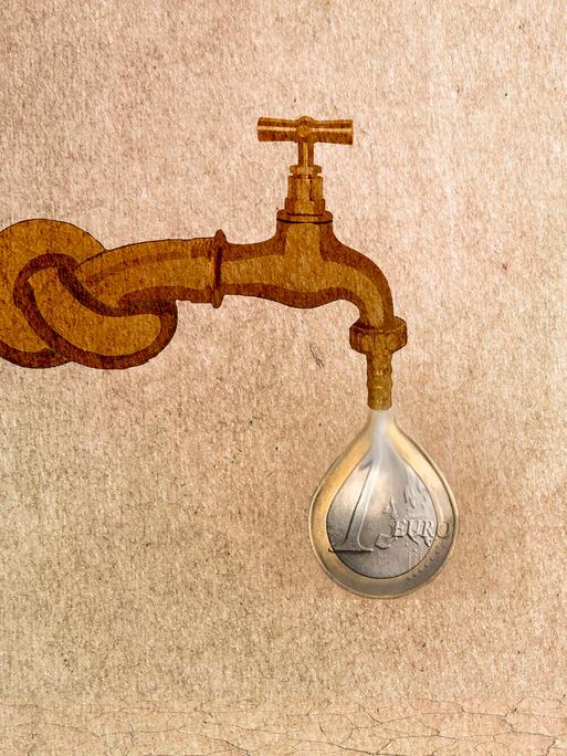 Eine Illustration zeigt einen verknoteten Wasserhahn, aus dem zögerlich eine Euro-Münze in Form eines Wassertropfens hervortritt