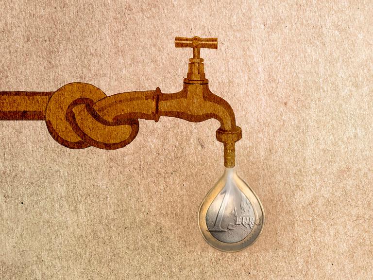 Eine Illustration zeigt einen verknoteten Wasserhahn, aus dem zögerlich eine Euro-Münze in Form eines Wassertropfens hervortritt