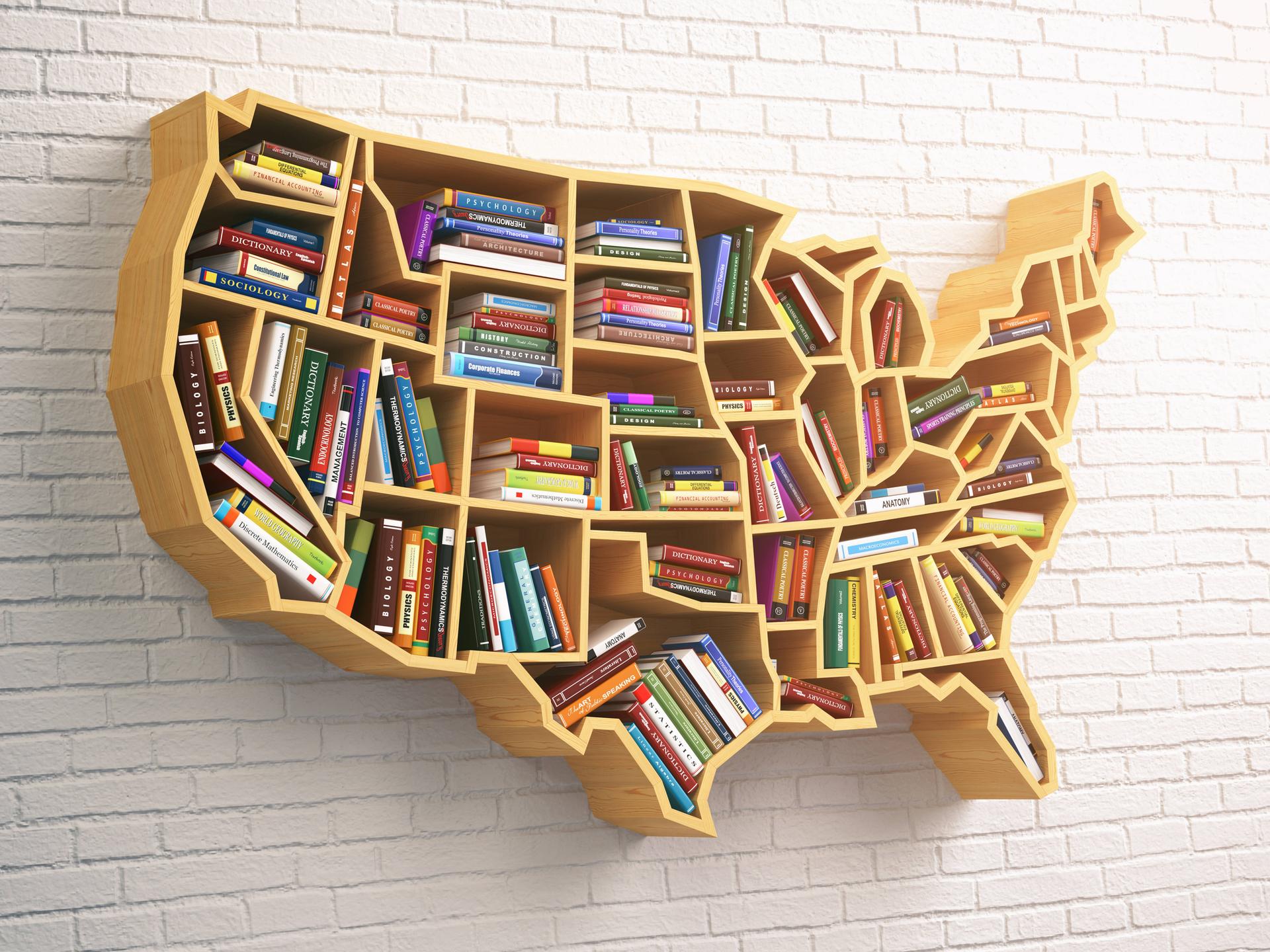 In einem Wandregal in der Form einer Karte der USA und der einzelnen Bundstaaten stehen und liegen viele Bücher.