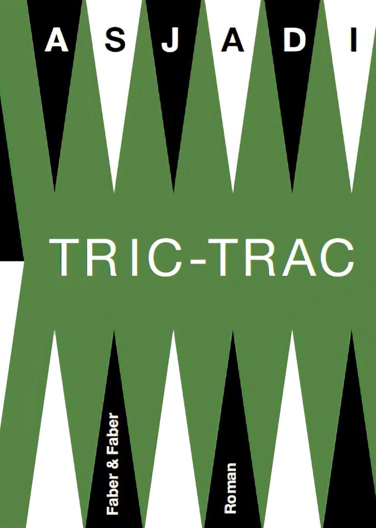 Das Cover des Buchs zeigt den Autornamen "Asjadi" und den Romantitel "Tric-Trac" vor einem schwarz-weiß-grünen Zackenmuster.