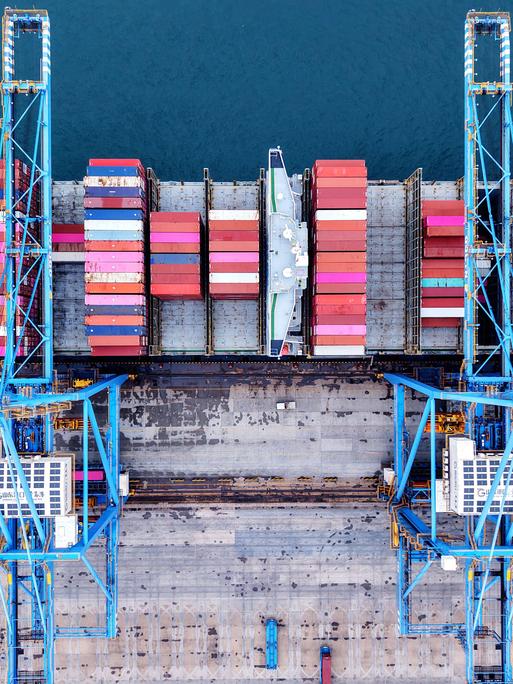 Viele bunte Container liegen an einem Hafen in Qingdao. Darüber stehen hellblaue Kräne. Das Bild wurde aus der Vogelperspektive aufgenommen.