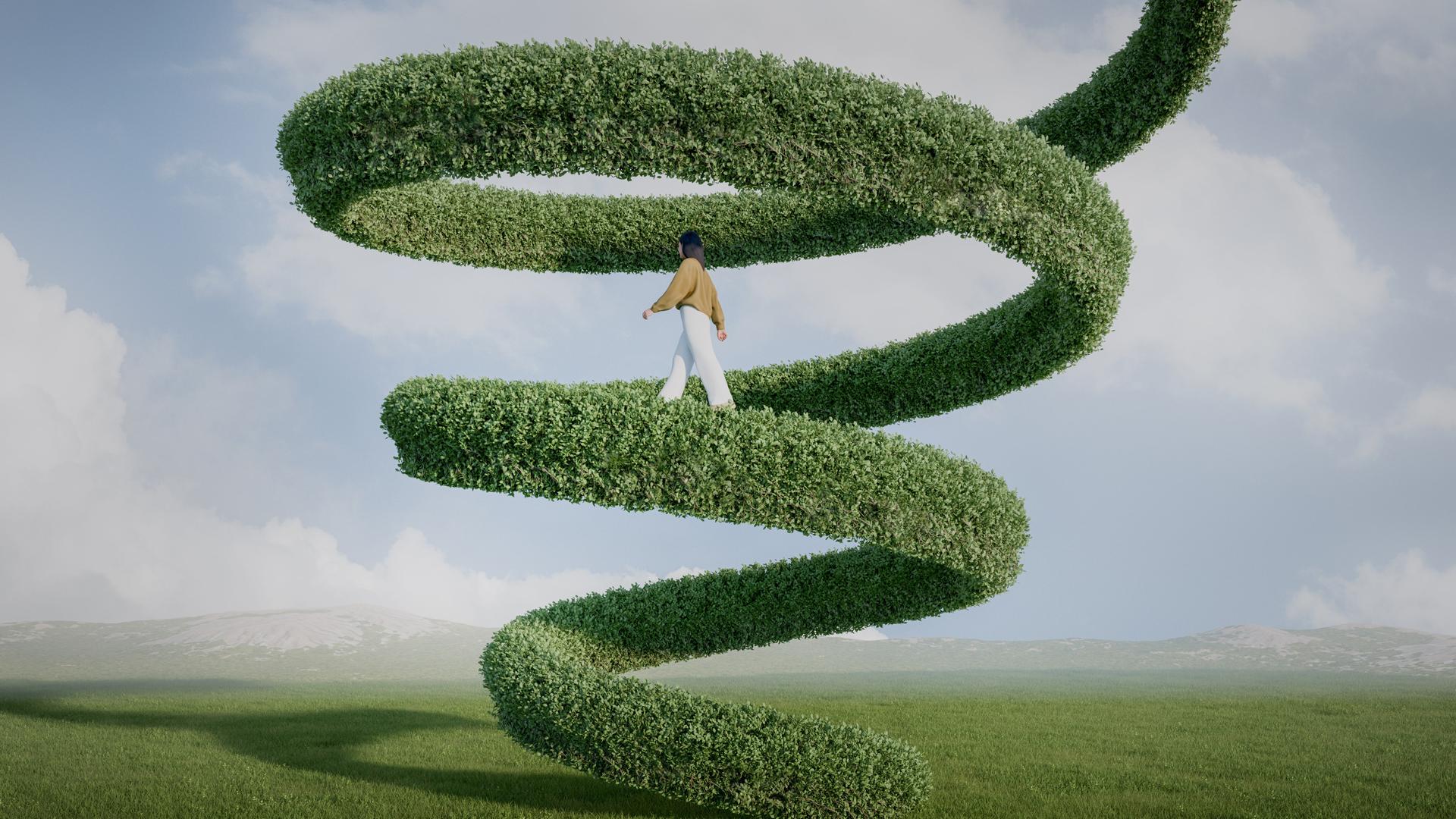 Eine Frau geht eine riesige grüne Spirale hinauf, die scheinbar im Himmel endet. Eine Frau geht eine riesige grüne Spirale hinauf, die scheinbar im Himmel endet.