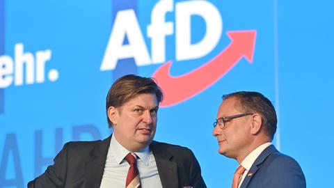 Die AfD-Politiker Maximilian Krah (links) und Tino Chrupalla vor dem AfD-Logo 