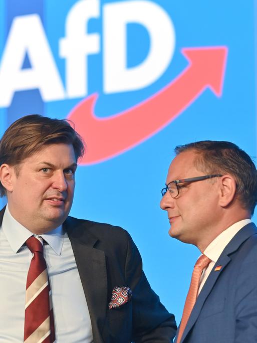 Die AfD-Politiker Maximilian Krah (links) und Tino Chrupalla vor dem AfD-Logo 