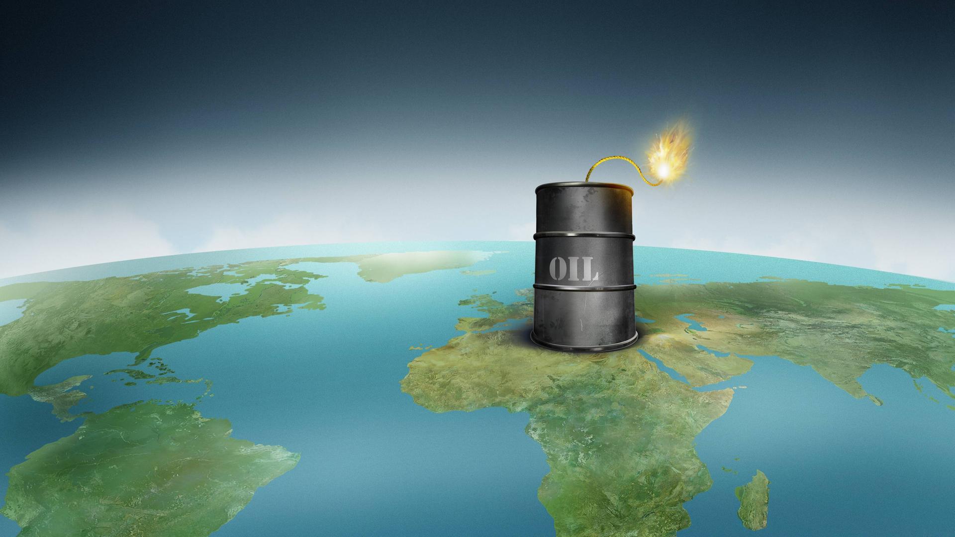 Illustration: Ein schwarzes Ölfass mit brennender Lunte steht auf einer Landkarte im Nahen Osten 