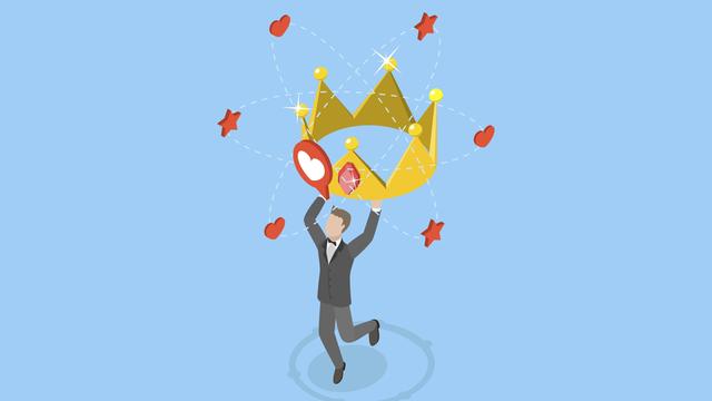 Illustration von Narzissmus, Selbstliebe, egozentrischer Haltung. Eine Figur mit einer überdimensionalen goldenen Krone um die Herzen Emoticons schweben
