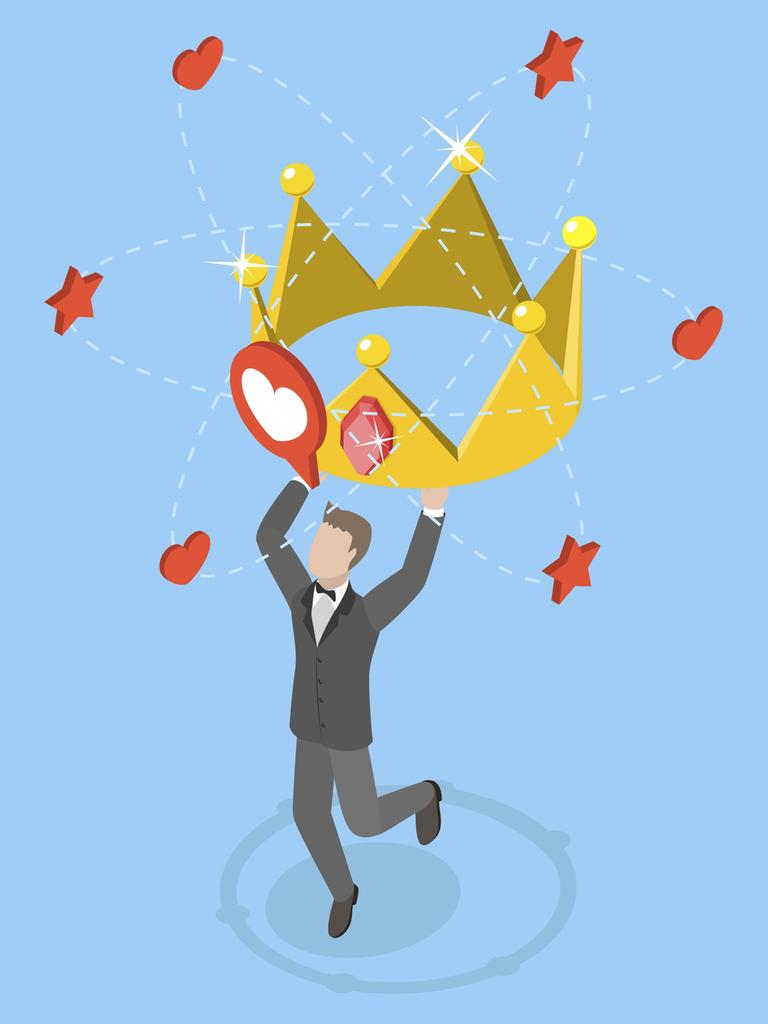 Illustration von Narzissmus, Selbstliebe, egozentrischer Haltung. Eine Figur mit einer überdimensionalen goldenen Krone um die Herzen Emoticons schweben