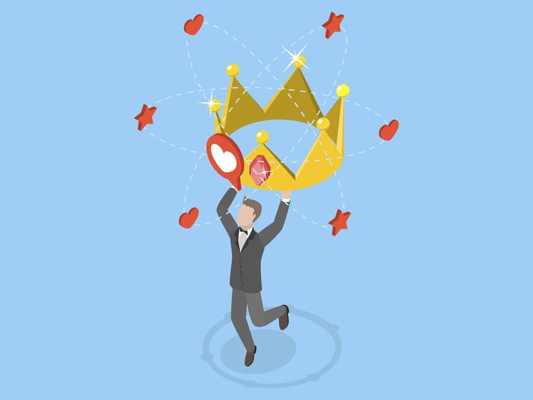 Illustration von Narzissmus, Selbstliebe, egozentrischer Haltung. Eine Figur mit einer überdimensionalen goldenen Krone um die Herzen Emoticons schweben