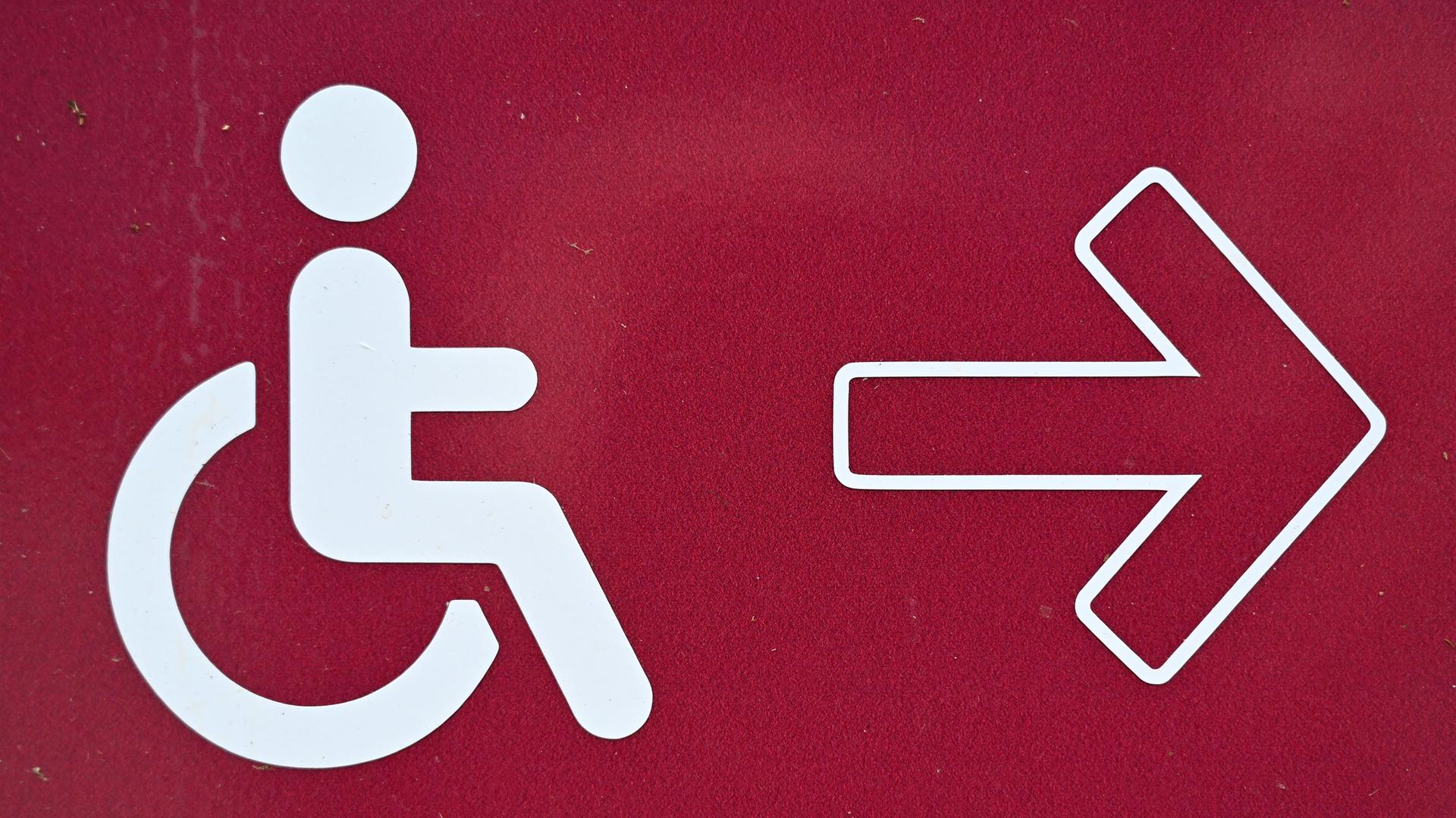 Ein Hinweis für Rollstuhlfahrer ist an der Zufahrt zum Petersberg in Erfurt angebracht