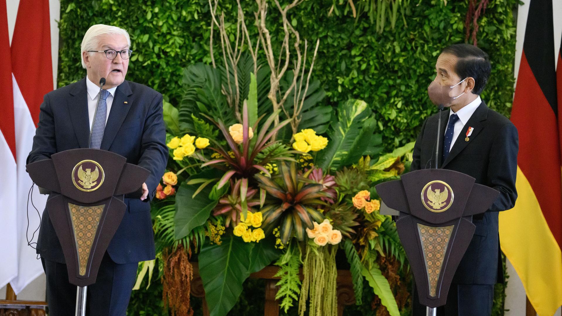 Indonesien, Bogor: Bundespräsident Frank-Walter Steinmeier (l) und Joko Widodo, Präsident von Indonesien, äußern sich bei einer Pressekonferenz nach ihrem Gespräch im Präsidentenpalast, dem Istana Bogor.