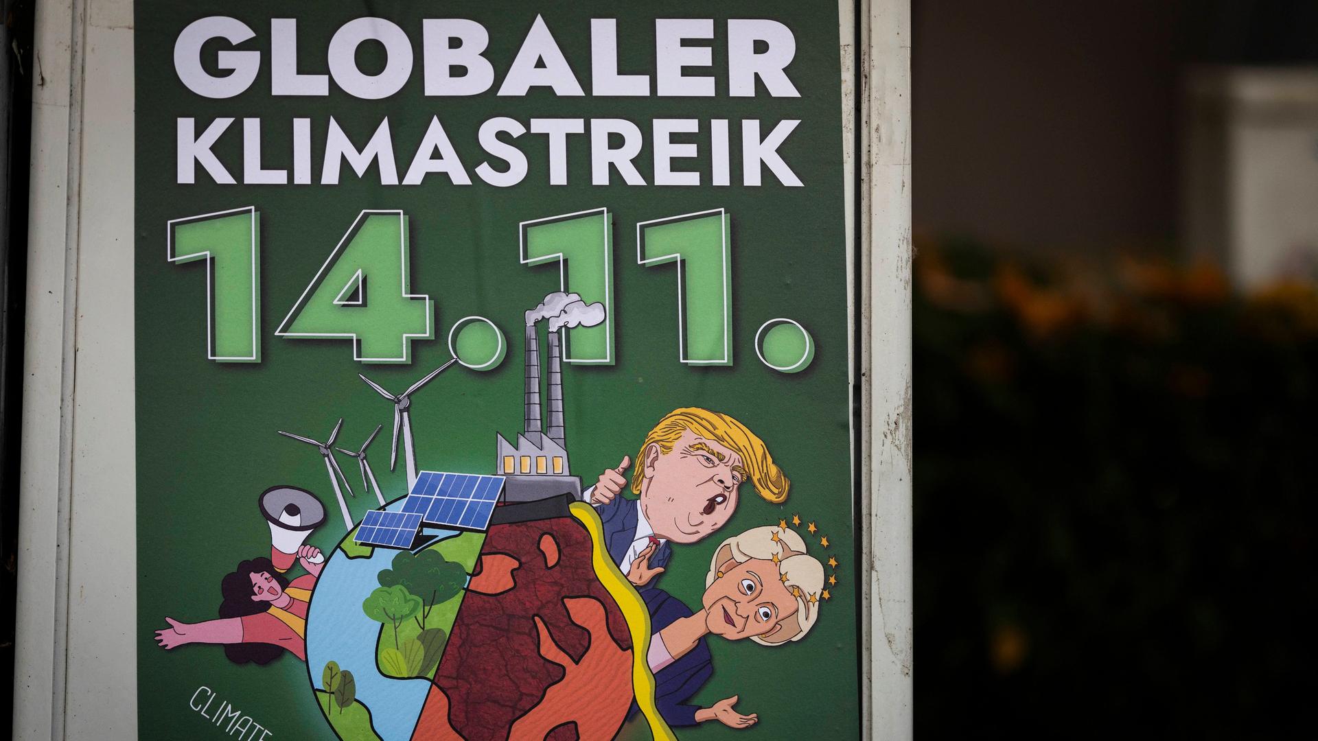 Das Plakat zum Globalen Klimastreik am 14.11.2025, aufgeklebt an einen grauen Stromkasten.