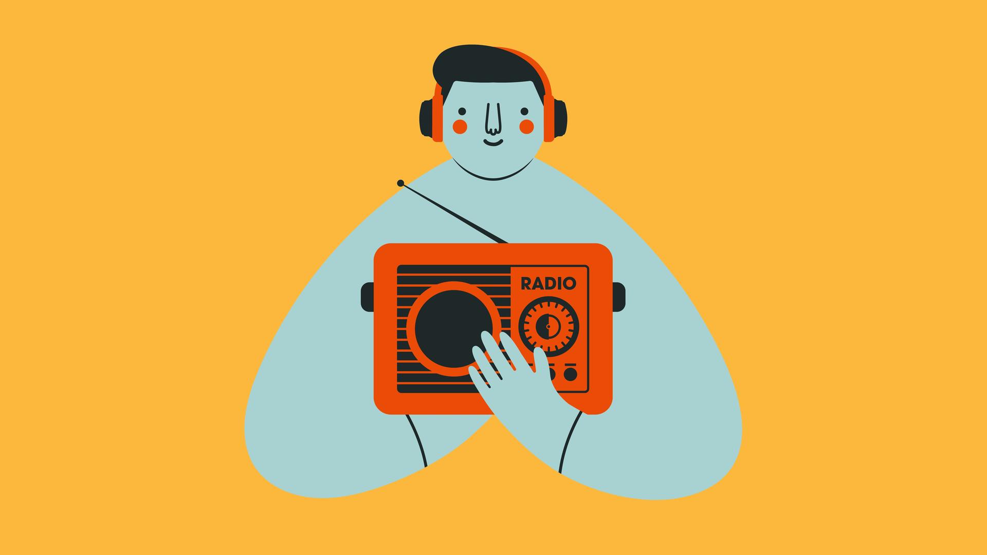 Illustration: Ein Junge hält ein Radio mit beiden Armen vor sein Herz. 