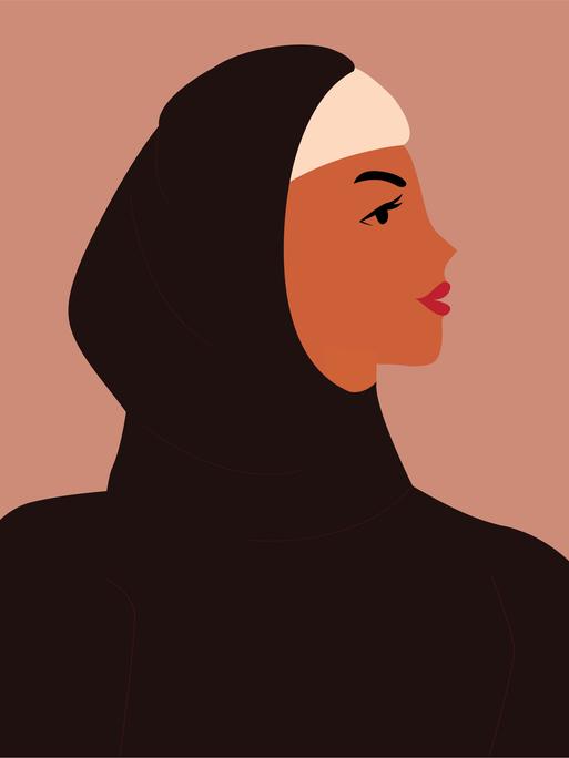 Illustration einer Frau mit Hijab. Sie schaut zur Seite.
