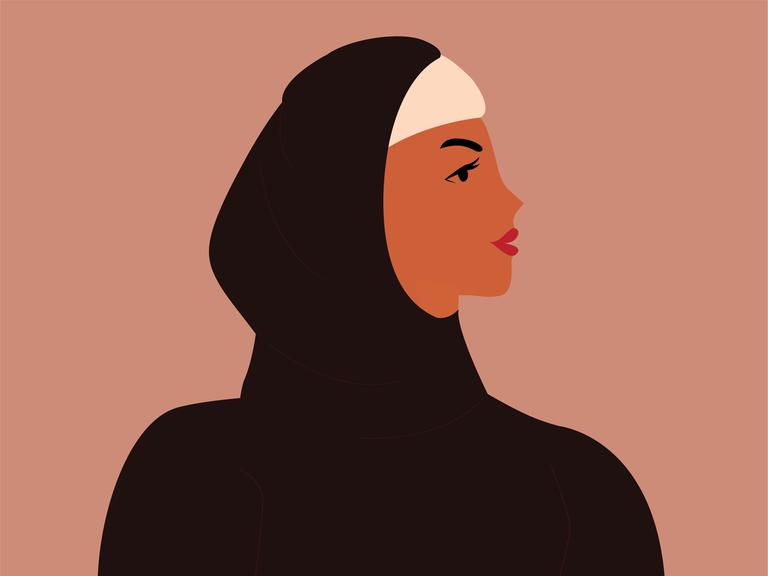 Illustration einer Frau mit Hijab. Sie schaut zur Seite.